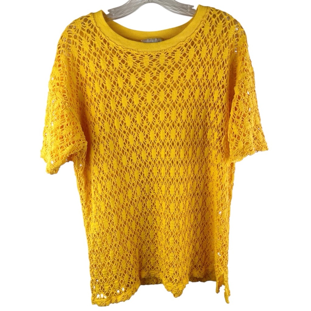 Vintage Turtle Bay Top Crochet Style 80s Yellow One Size 100% Cotton Tunic Slit